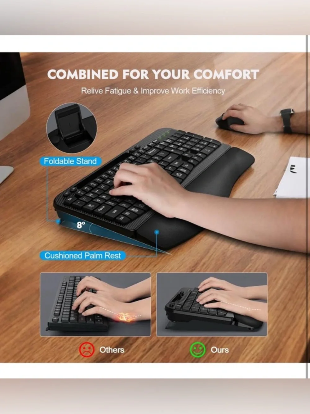 Wireless Keyboard and Mouse Combo, Wave Keys Full-Sized Ergonomic Keyboard